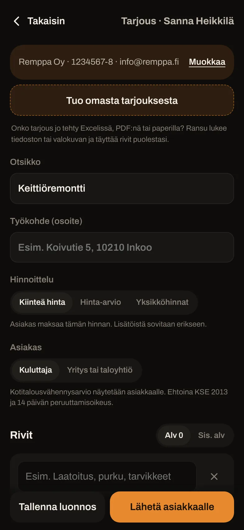 Tarjouksen teko sovelluksessa